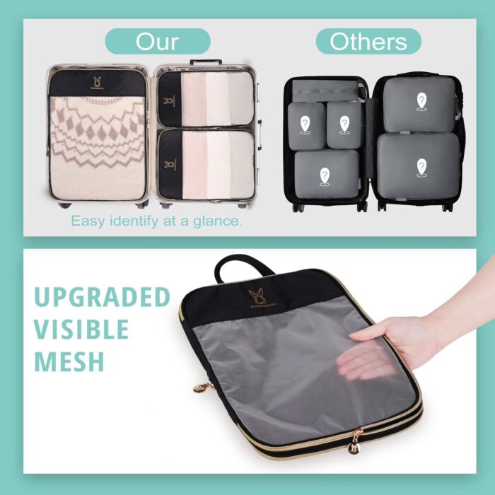 See Through Expandable Compression Packing Cubes, Mesh Travel Packing Cubes for Suitcases, Lightweight Organizers Bag Set for Travel Essentials for Luggage(Black,6 Set) - Image 3