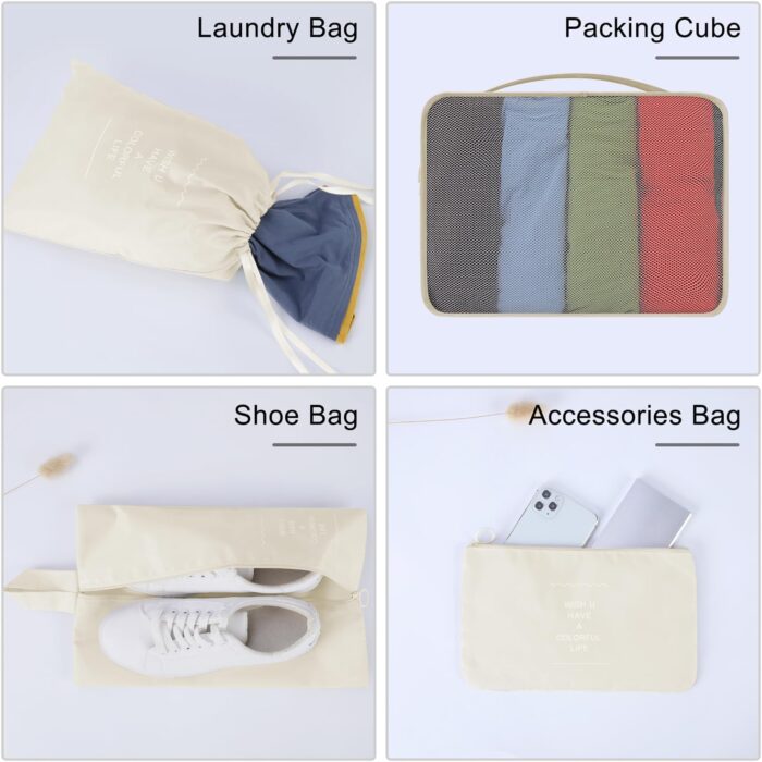 7 Set Packing Cubes Travel Organizer Set Fordable Compression Suitcase Packing Cubes Waterproof Luggage Organizer with Shoe Bag & Laundry Bag,Beiges - Image 5