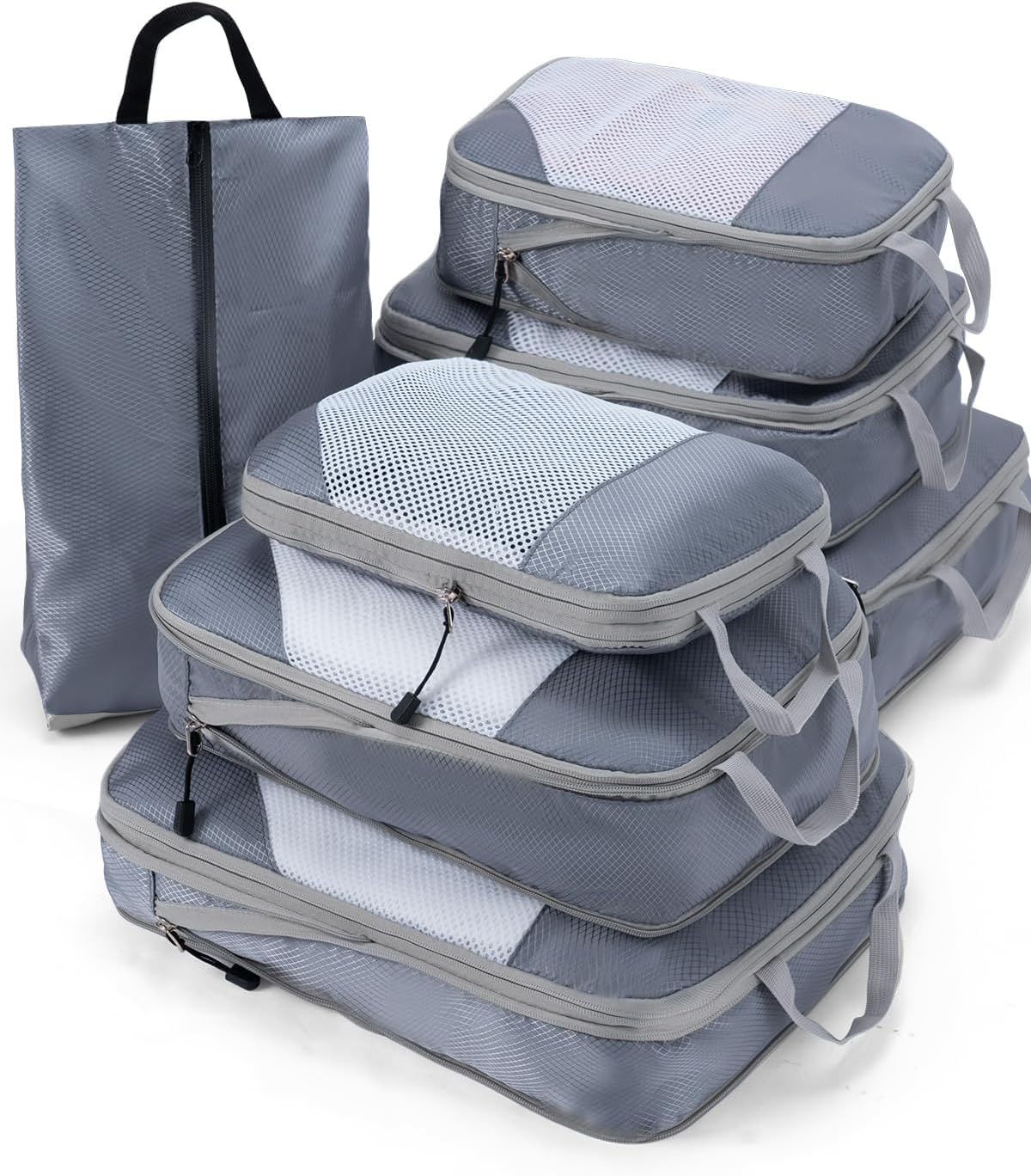 Meowoo Compression Packing Cubes Travel Organizer 7 Set, Ripstop Mesh Travel Organizers for Luggage Multi-Functional Ultralight Expandable Travel Luggage for Carry on Luggage, Travel, Backpack