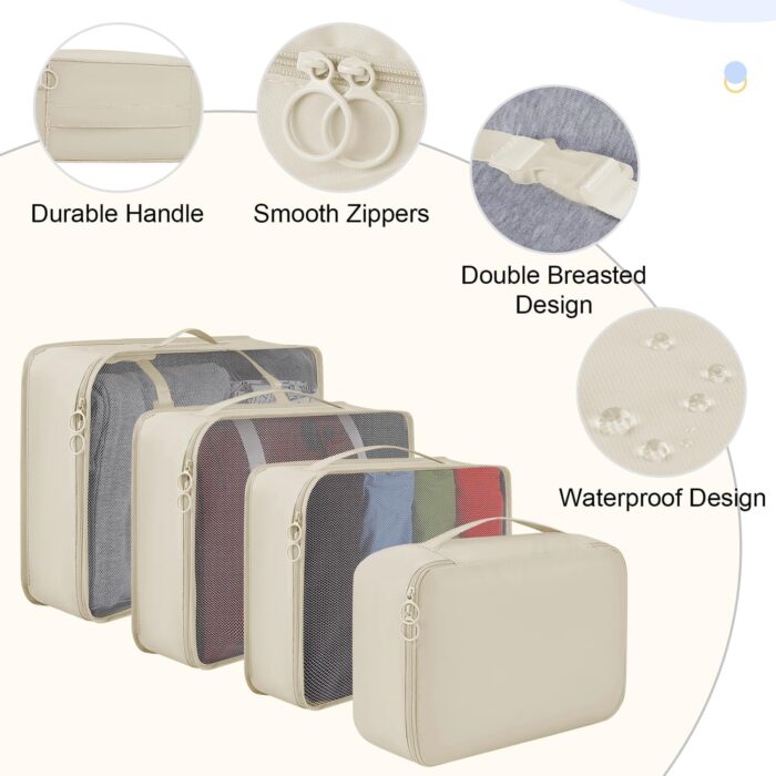 7 Set Packing Cubes Travel Organizer Set Fordable Compression Suitcase Packing Cubes Waterproof Luggage Organizer with Shoe Bag & Laundry Bag,Beiges - Image 4