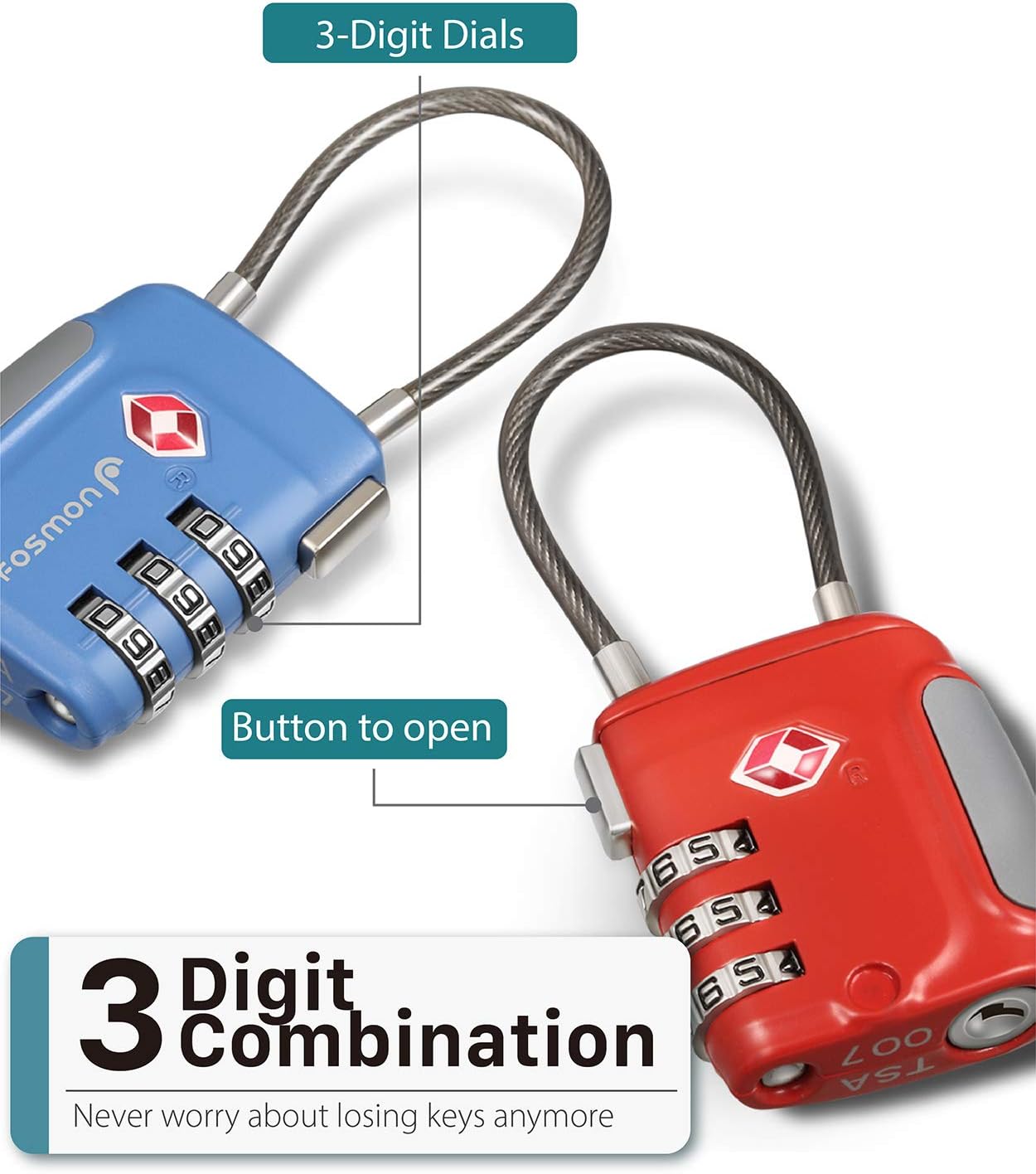 Fosmon TSA Accepted Cable Luggage Locks, 3 Digit Combination with Open Alert Indicator, Alloy Body and Release Button for Travel Bag, Suit Case & Luggage (4 Pack) - Black, Green, Red and Blue - Image 3