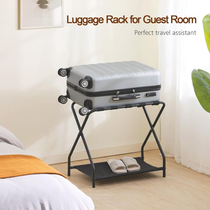 AMHANCIBLE Luggage Rack, Set of 2, Foldable Suitcase Stands for Guest Room, Metal Luggage Holder with Storage Shelf for Bedroom, Hotel, Easy Assemble, Black HLR02BK - Image 7