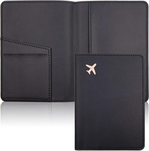 Deziliao Passport and Vaccine Card Holder Combo, PU Leather Passport Holder with Vaccine Card Slot, Passport Wallet for Men and Women, Black, Minimalist