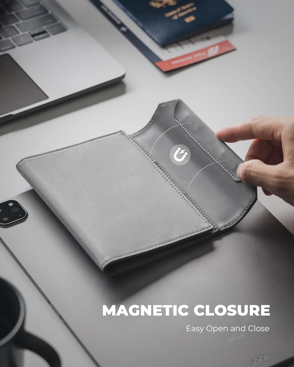 VULKIT Passport Card Holder, Vegan Leather Passport Wallet, RFID Blocking, Travel Essential, Magnetic Closure, Detachable AirTag Holder, Grey - Image 6