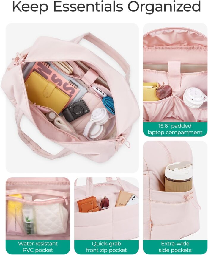BAGSMART Travel Duffle Bag for Women, 31L Puffer Tote Bag Quilted Laptop Carry on Gym Bag, Weekender Overnight Bag Organizer Duffel Bag for Travel, Pink - Image 3