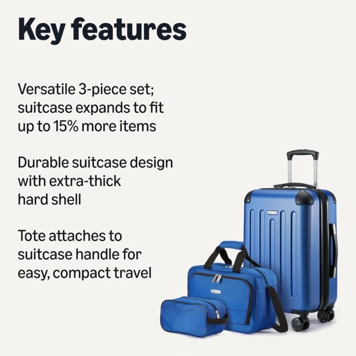 Amazon Basics 3-Piece Luggage Set, Including One Carry On Luggage (56 cm Expandable Hardside Suitcase With 8 Spinner Wheels), a 38 cm Tote Bag and a 25 cm Compact Travel Bag, Navy Blue - Image 2
