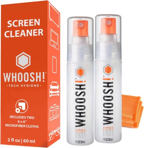 WHOOSH! Screen Cleaner Spray and Wipe [Set of 2] - 1 Fl Oz Bottle + 1 Microfiber Cloth Wipe - Travel Size Lens Cleaner for Car, Laptop, iPad, MacBook, Phone, Watch, Eyeglass – Electronic Cleaner Kit
