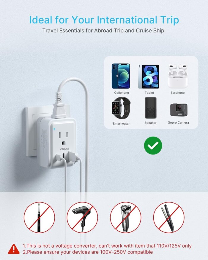 1 Pack European Travel Plug Adapter, VINTAR Foldable International Power Plug with 2 AC Outlets 3 USB Ports(2 USB C), Type C Travel Essentials Charger for Canada to Most of Europe Italy Spain France - Image 6