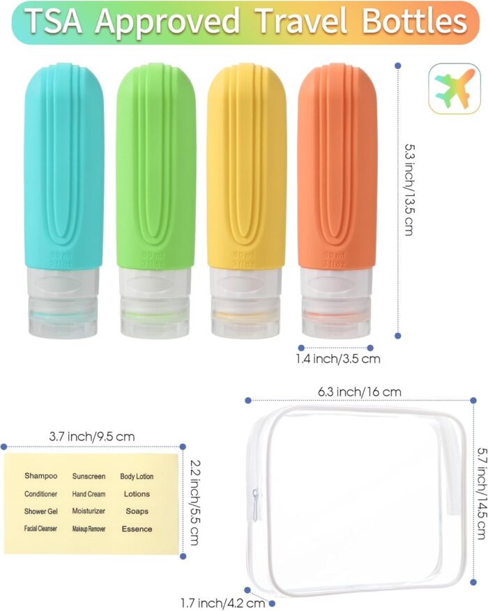 Weseewd 4 Pack Silicone Travel Bottles for Toiletries, 90ml TSA Approved Travel Size Bottles, BPA Free Refillable Leak Proof Travel Toiletries Containers for Cosmetic Shampoo Conditioner and Lotion - Image 7