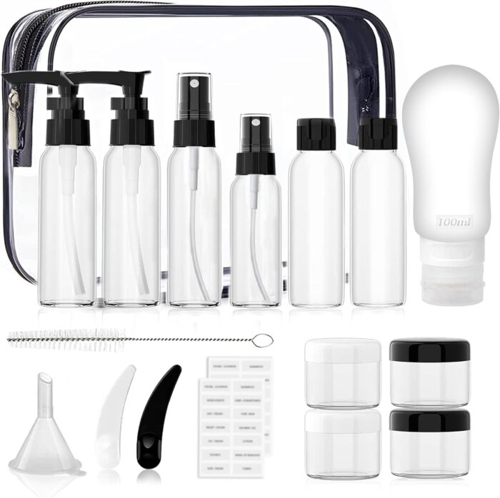 18 Pack Travel Bottles for Toiletries, THE AYJOEQI Travel Size Containers Leak Proof Silicone Refillable Liquid Travel Accessories for Shampoo Conditioner Lotion Body Wash