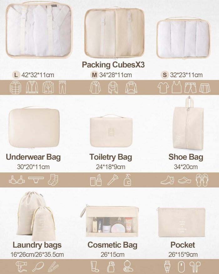 10 Set Packing Cubes for Travel Luggage Packing Organizers Suitcases Organizer Bags Beige - Image 2