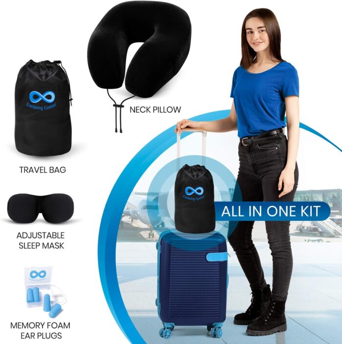 Everlasting Comfort Memory Foam Travel Pillow - Airplane Neck Rest & Plane Accessories (Black) - Image 5