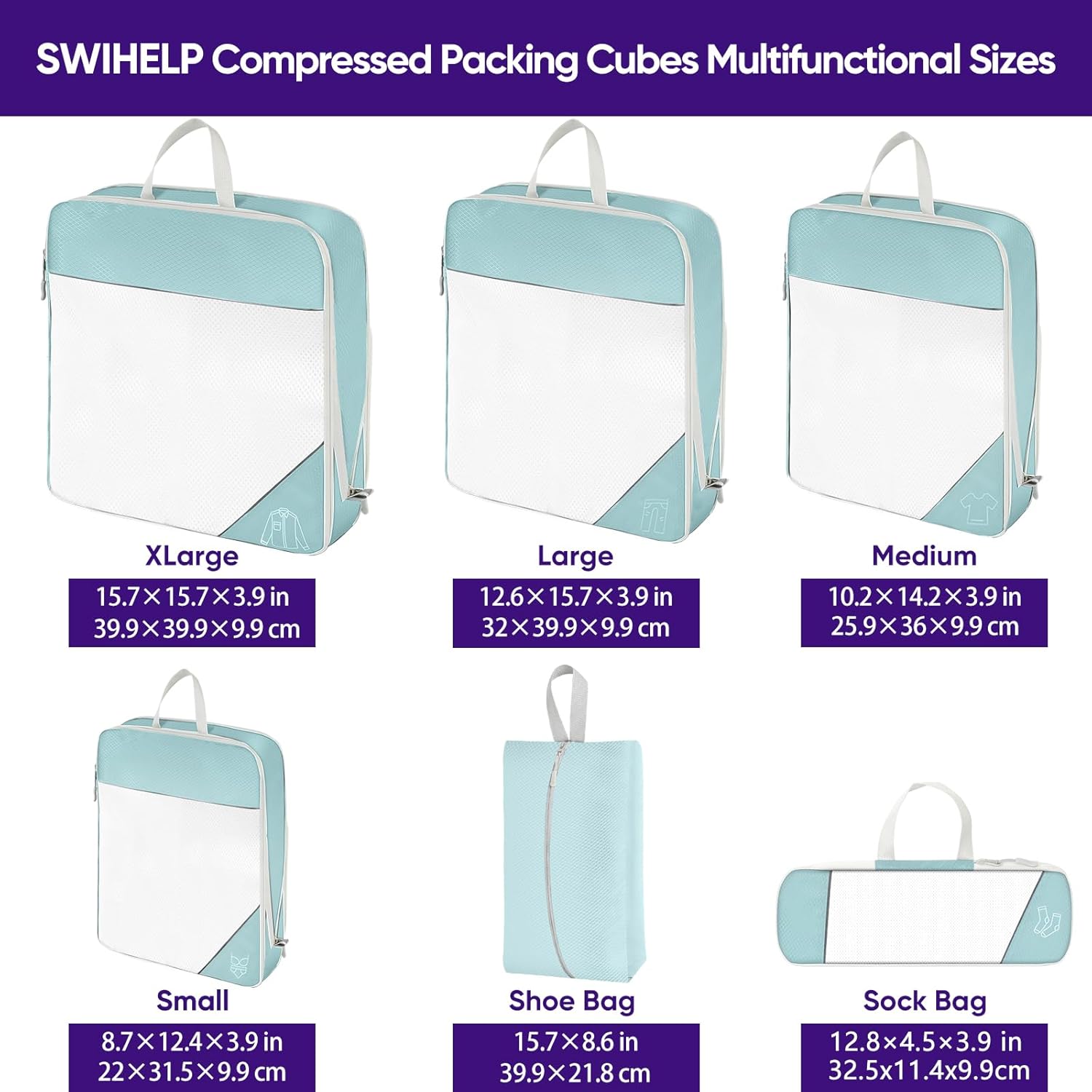 SWIHELP Compression Packing Cubes for Suitcases, Travel Luggage Organizer, Travel Packing Kit with Clothes Storage Bag Shoes Bag Toiletry Bag Underwear Bag - Image 2