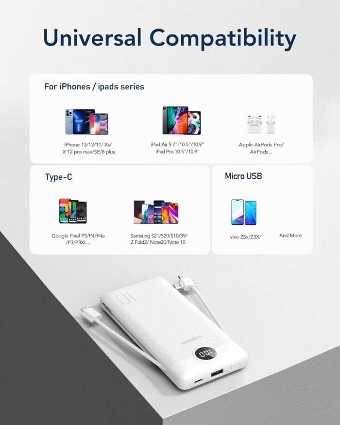 VEGER Portable Charger, 10000mAh Power Bank with Built-in Cables&Wall Plug, USB C Phone Chargers 5 Outputs 2 Inputs Travel Essentials, Slim External Battery Pack Compatible with iPhone, Android(White) - Image 6