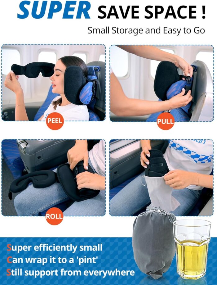 SARISUN Travel Pillow, Upgrade Airplane Pillow for Long Flight, 360° Support Headrest, Comfortable Travel Neck Pillow with Sleep Eye Masks, Portable Airplane Travel Essentials, Stop Bobblehead, Black - Image 8