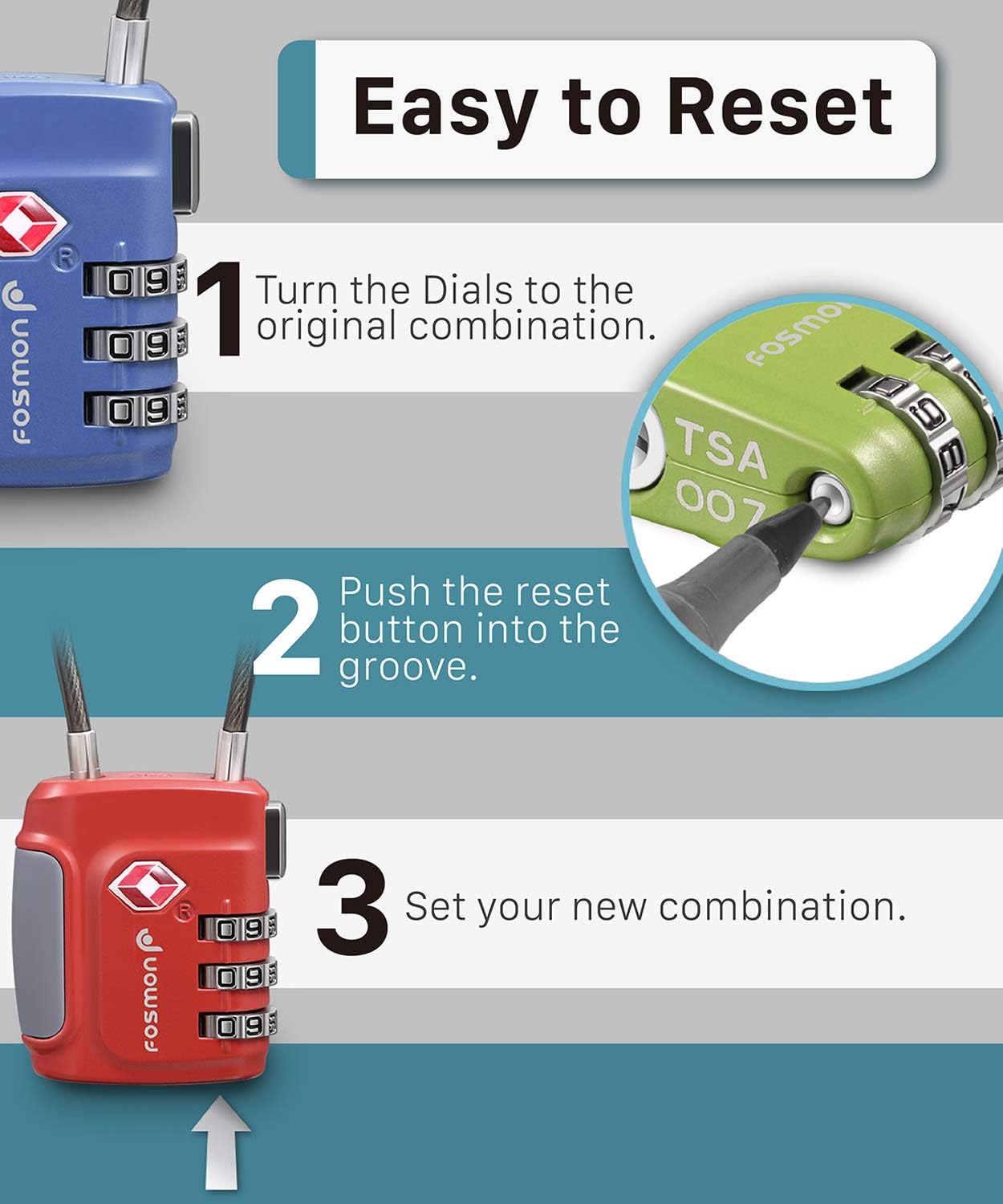 Fosmon TSA Accepted Cable Luggage Locks, 3 Digit Combination with Open Alert Indicator, Alloy Body and Release Button for Travel Bag, Suit Case & Luggage (4 Pack) - Black, Green, Red and Blue - Image 6