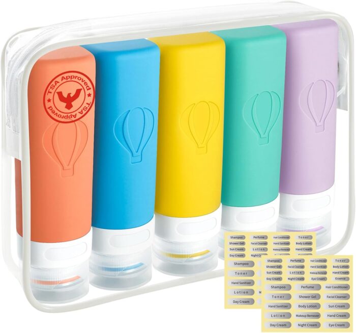 Advanced Triple-Seal Leakproof Thick Travel Bottles for Toiletries - Lesnorry Travel Containers for Toiletries with Waterproof Zipper, Travel Essentials Kit - Includes 5x90ml Bottles, 2 Sets of Labels