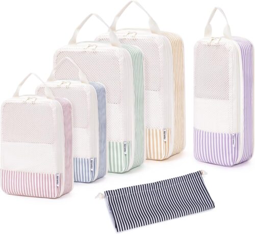 Narwey 6 Set Compression Packing Cubes Travel Organizer, Packing Cubes Compressible for Carry on Luggage Suitcase Backpack, Travel Essentials Accessories Cubes with Laundry Bag (Stripe Combined)