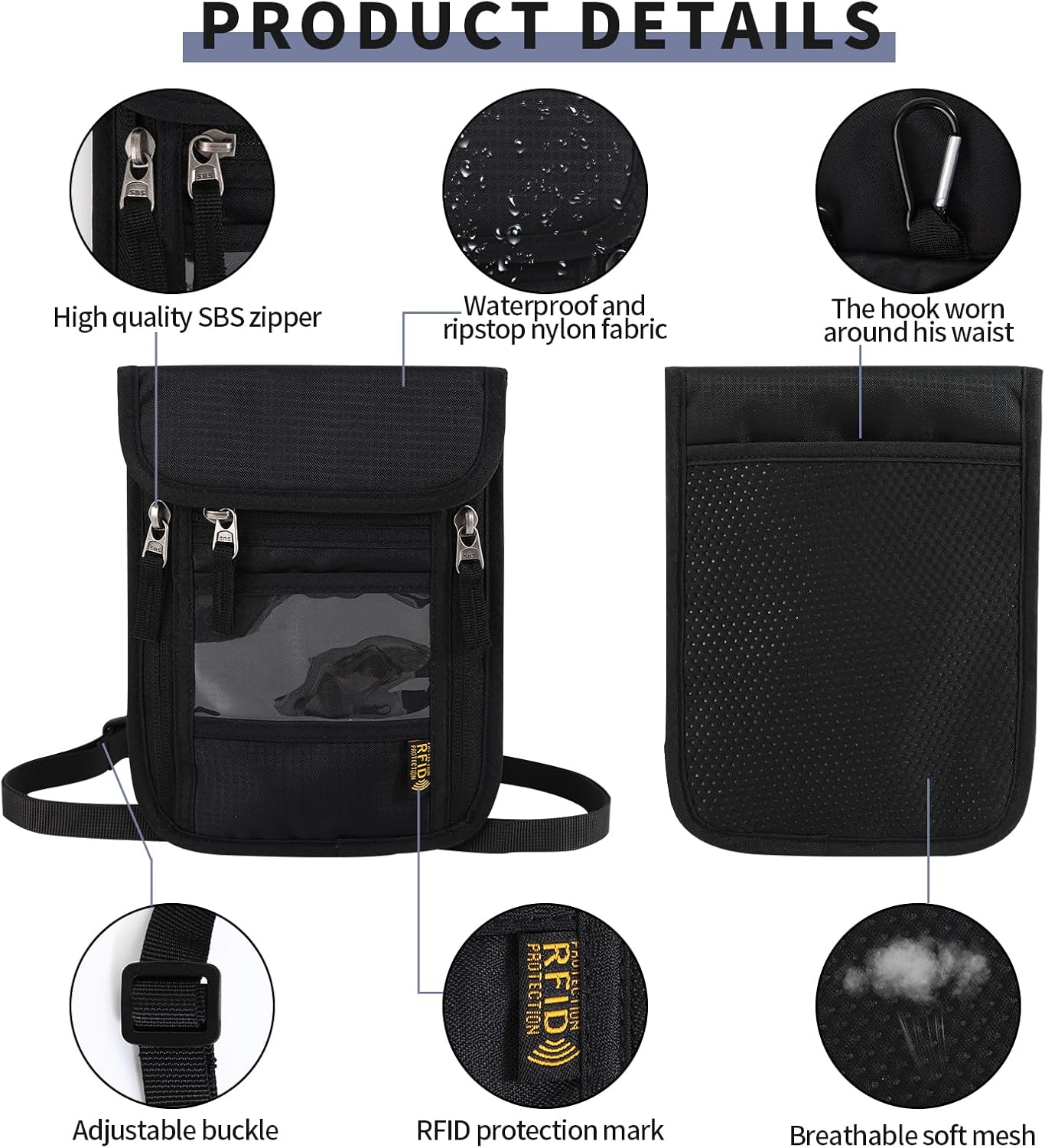 Lyvrooz Neck Wallet Travel Pouch RFID Blocking Passport Holder Waterproof Neck Pouch Credit Card organizer Case with Adjustable Strap Travel Security Bag for Your Money Credit Cards Cell Phones, - Image 3