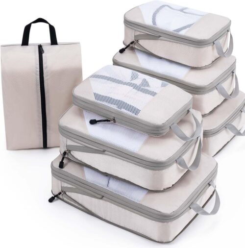 Meowoo Compression Packing Cubes Travel Organizer 7 Set, Ripstop Mesh Travel Organizers for Luggage Multi-Functional Ultralight Expandable Packing Cubes for Carry-on Luggage, Travel, Backpack