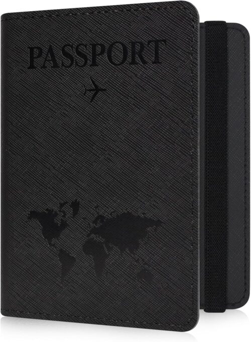 YAVIV Passport Holder for Women and Men, Premium Leather Travel Passport Wallet RFID Blocking Passport Cover, World Map-Black