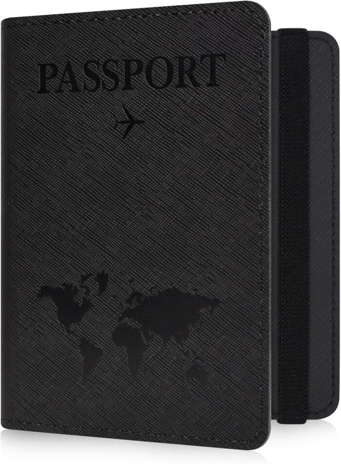 YAVIV Passport Holder for Women and Men, Premium Leather Travel Passport Wallet RFID Blocking Passport Cover, World Map-Black