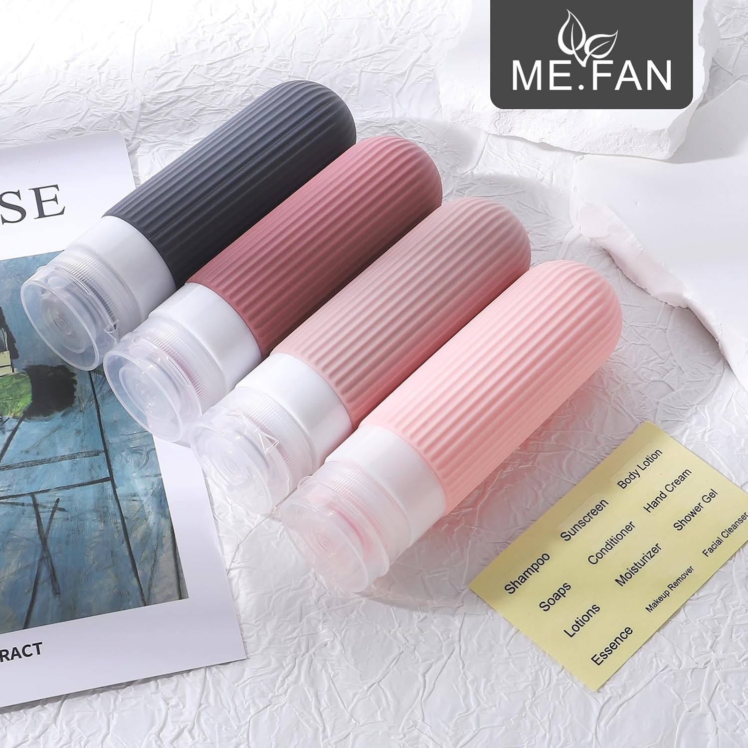 ME.FAN Travel Bottles for Toiletries, TSA Approved 3oz Silicone Journey Size Containers, Portable Split Bottle for Conditioner, Shampoo, Lotion- 4 Pack Pink - Image 7