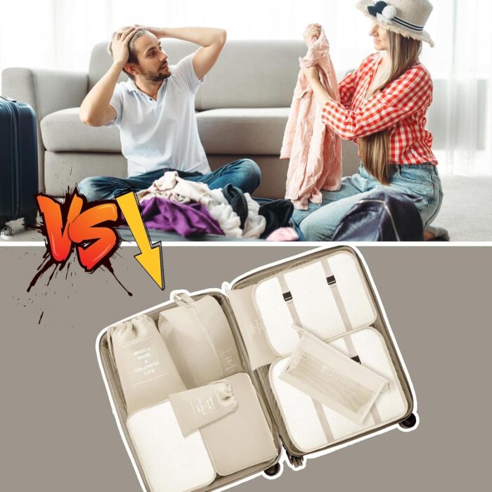 Awvuq 9 Set Packing Cubes Travel Organizer Foldable Travel Packing Cubes Waterproof Compression Packing Cubes for Carry on Luggage Clothes Shoes Travel Accessories (Beige) - Image 7