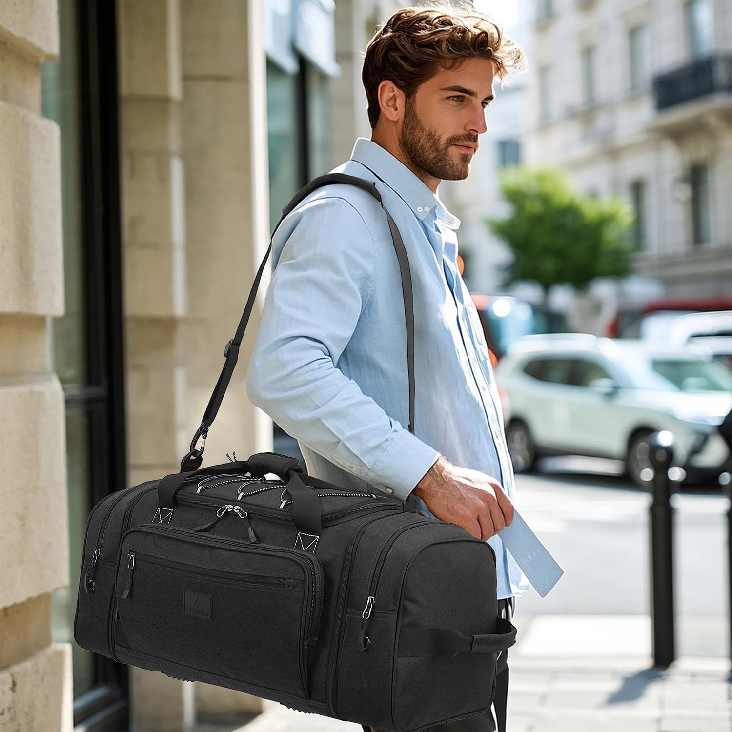 Laripwit Travel Duffle Bag Men with Elastic Mesh Expandable 45-50L Medium Sports Gym Duffel Bag Women with shoulder Strap Multifunctional for Fitness Weekender Overnight Traveling Business Trips Black - Image 2