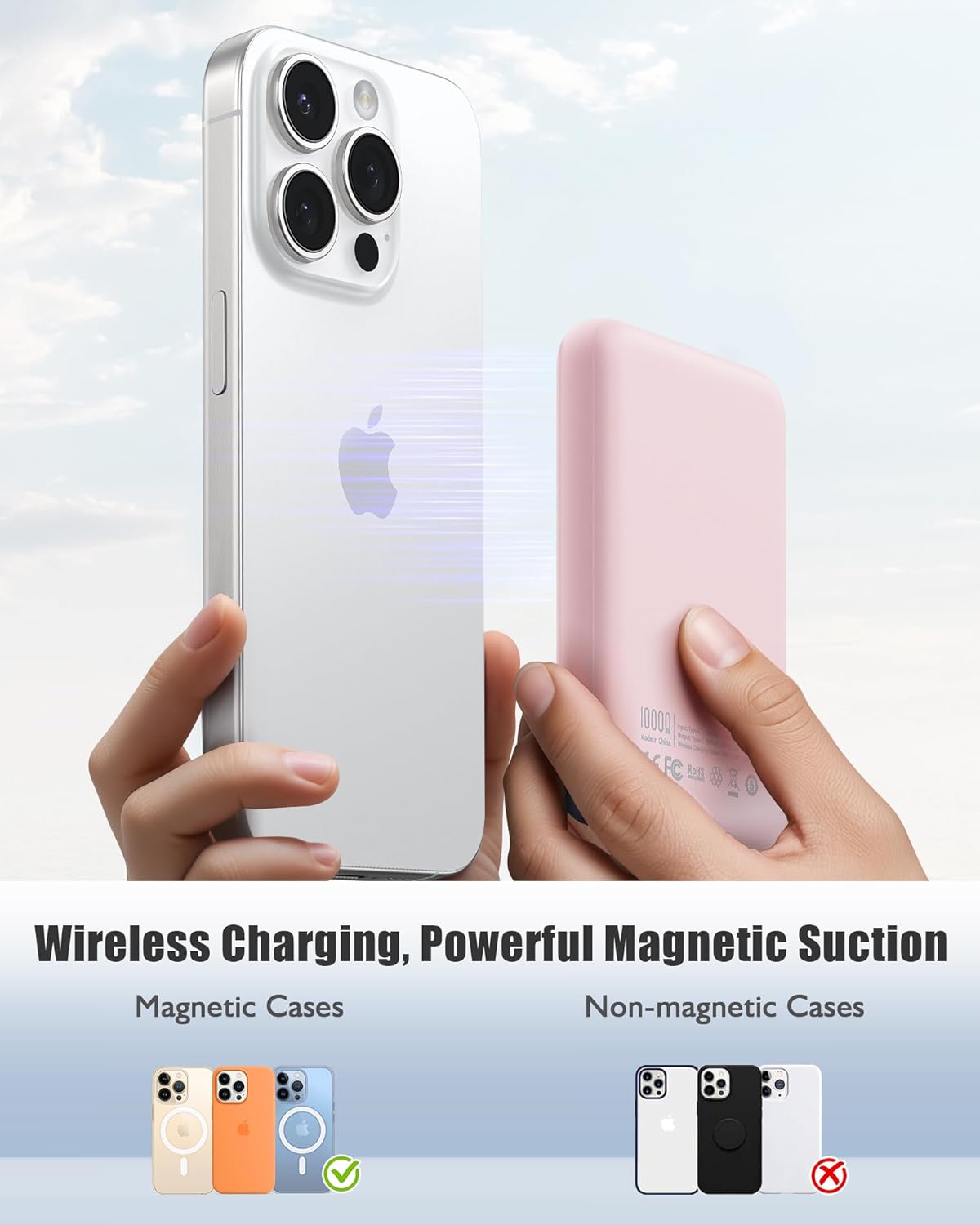 QECVEC Mag-Safe Power Bank - 10000mAh Magnetic Portable Charger with 15W Wireless Fast Charging & 20W PD Wired Charging, Compatible for iPhone 12/13/14/15/16 Series. (Pink) - Image 3