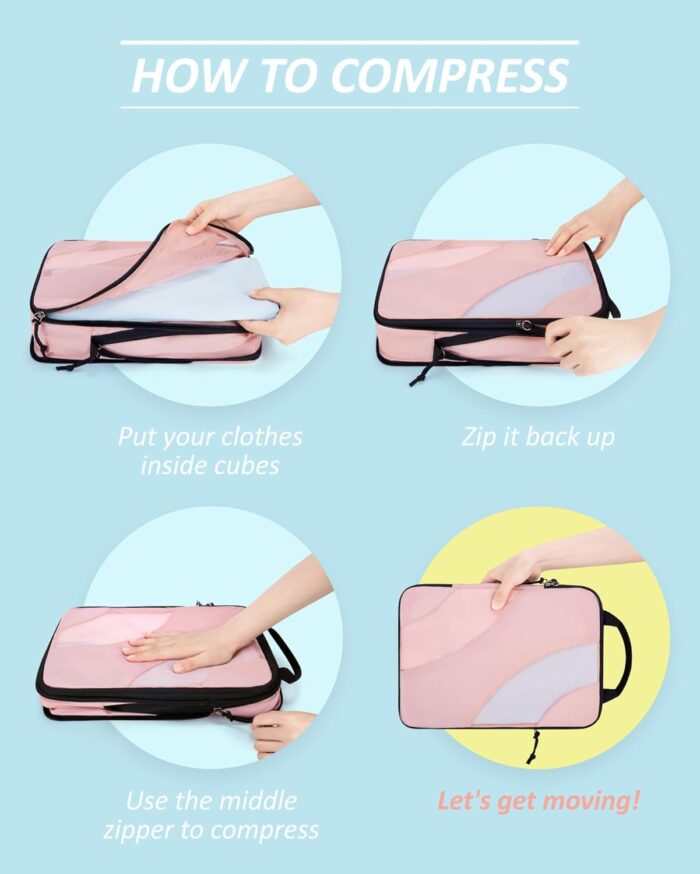 BAGSMART Compression Packing Cubes, 6 Set Travel Packing Cubes for Carry on Suitcases, Compression Suitcase Organizers Bag Set & Travel Storage Bags for Luggage, Packing Organizers Baby Pink - Image 3