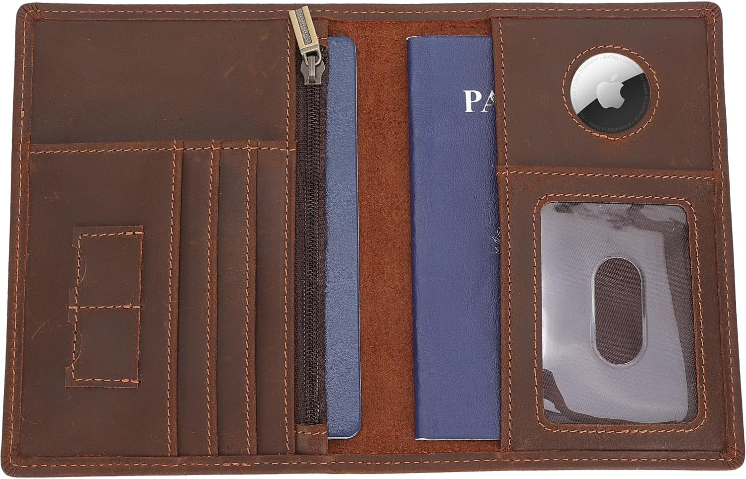 STAR VISTA Phoenix Leather Passport Holder, Full Grain Leather Travel Wallet - Slim, Bifold, RFID Blocking, ID Window, Coin Pocket, Card Slots, SIM Slots (Brown with AirTag Slot)