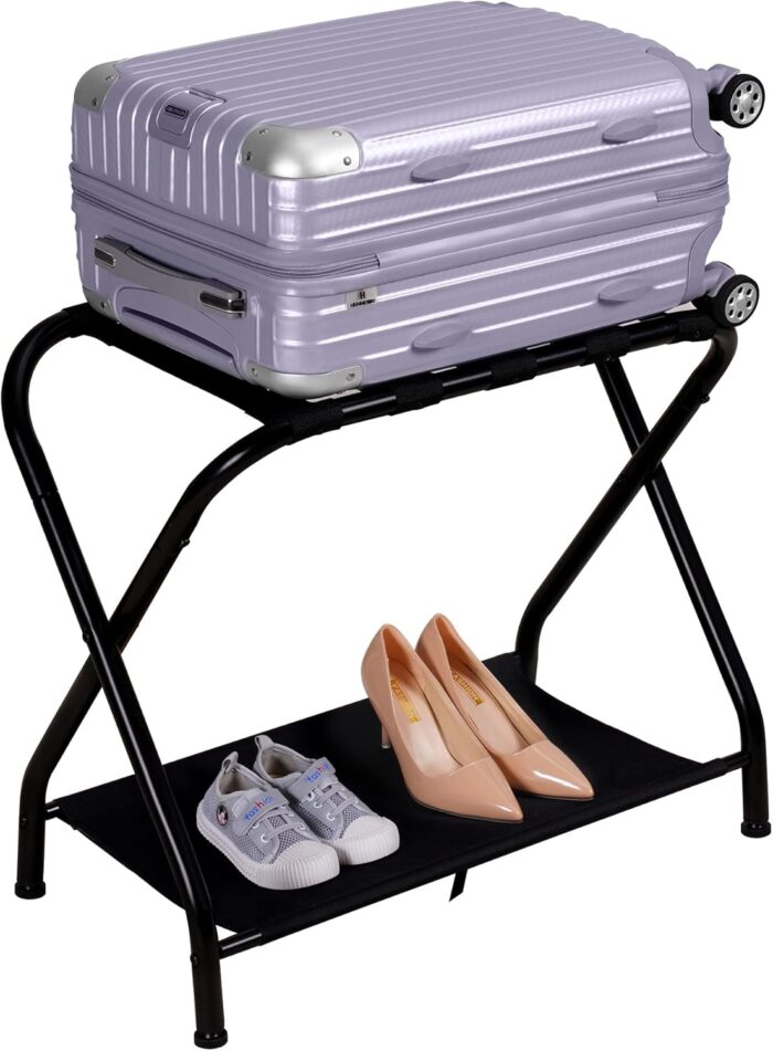 Heybly Luggage Rack,Pack of 2,Steel Folding Suitcase Stand with Storage Shelf for Guest Room Bedroom Hotel,Black,HLR002B2 - Image 9