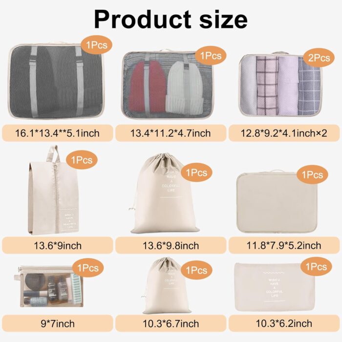 10 Set Packing Cubes for Suitcases, Packing Cubes Travel Essentials Organizer Bags, Travel Organizers (Beige) - Image 5