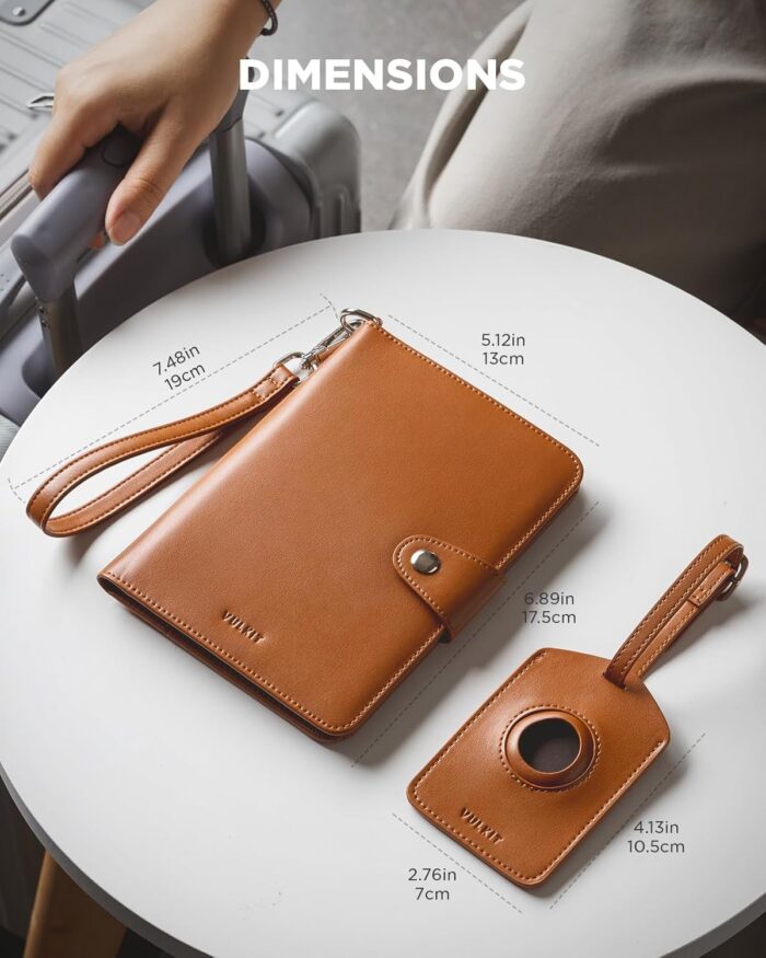 VULKIT Airtag Passport Holder 4 Passports, 2 in 1 RFID Blocking Travel Sim Wallet Cover for Family with Luggage Tag & Wrist Strap, Holds ID Card, 6+ Cards, 4+ Passports, Tickets, Cash, Coin (Brown) - Image 3