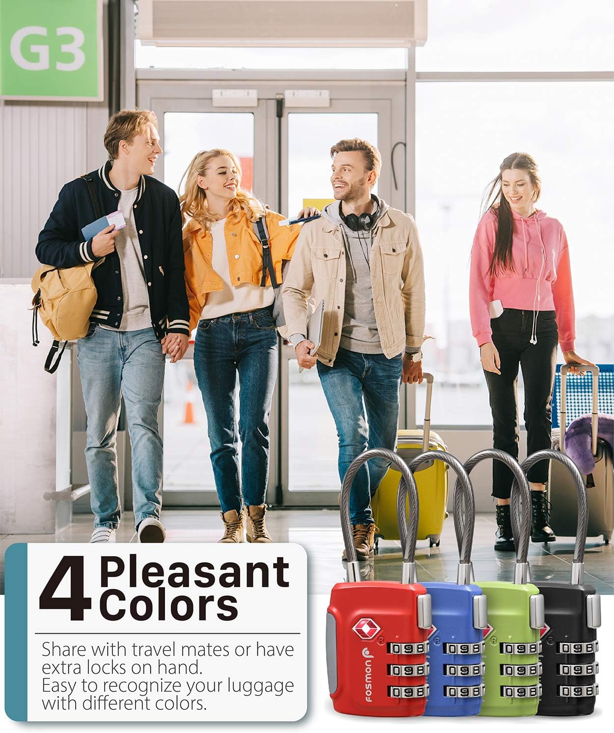 Fosmon TSA Accepted Cable Luggage Locks, 3 Digit Combination with Open Alert Indicator, Alloy Body and Release Button for Travel Bag, Suit Case & Luggage (4 Pack) - Black, Green, Red and Blue - Image 8