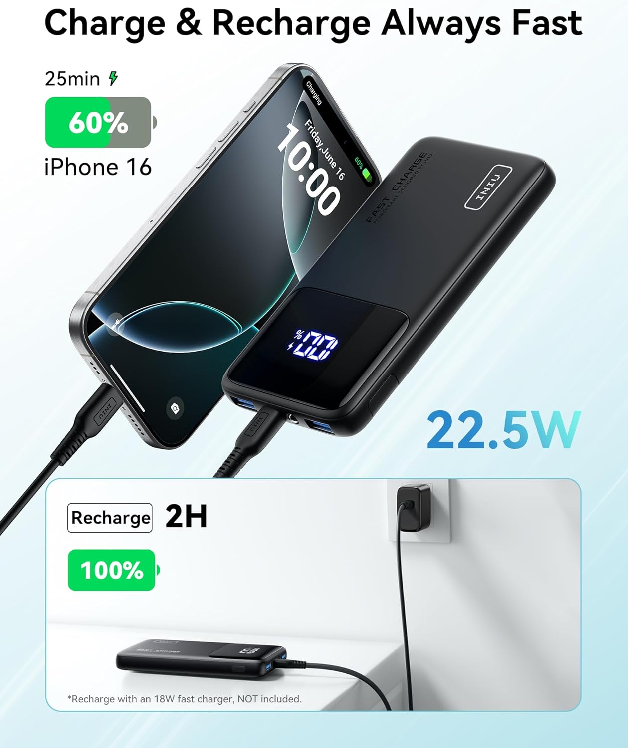 INIU Portable Charger, Slimmest Fast Charging 10000mAh USB C in/Out Power Bank, 22.5W PD3.0 QC4+ Battery Pack, Portable Phone Charger for iPhone 16 15 14 13 12 Pro Samsung S22 S21 Google AirPods iPad - Image 2