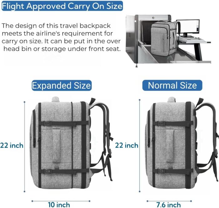 Carry On Backpack, 55L Extra Large Travel Backpack for Men & Women, 60L Expandable Big Capacity For Airplanes, Travel Gifts for Men Women, Fits 18.4 Inch Laptop, Luggage Suitcase Daypack Bag, Grey - Image 4
