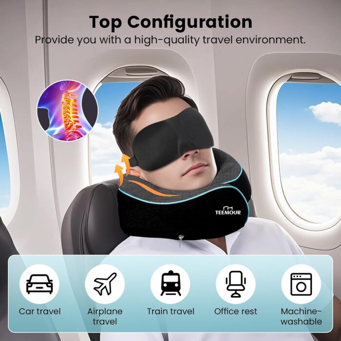 Travel Neck Pillows for Airplanes Neck Pillow, Memory Foam Updated Resting Material, Airplane Travel Set with 3D Contoured Eye Masks, Earplugs, and Luxury Mesh Bag (Black) - Image 2
