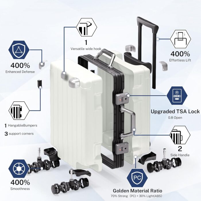 Krute Carry On Luggage PC+ABS Luggage Aluminum Frame Zipperless Lightweight Hardshell Suitcase with TSA Lock Spinner Wheels 20 Inch White - Image 4
