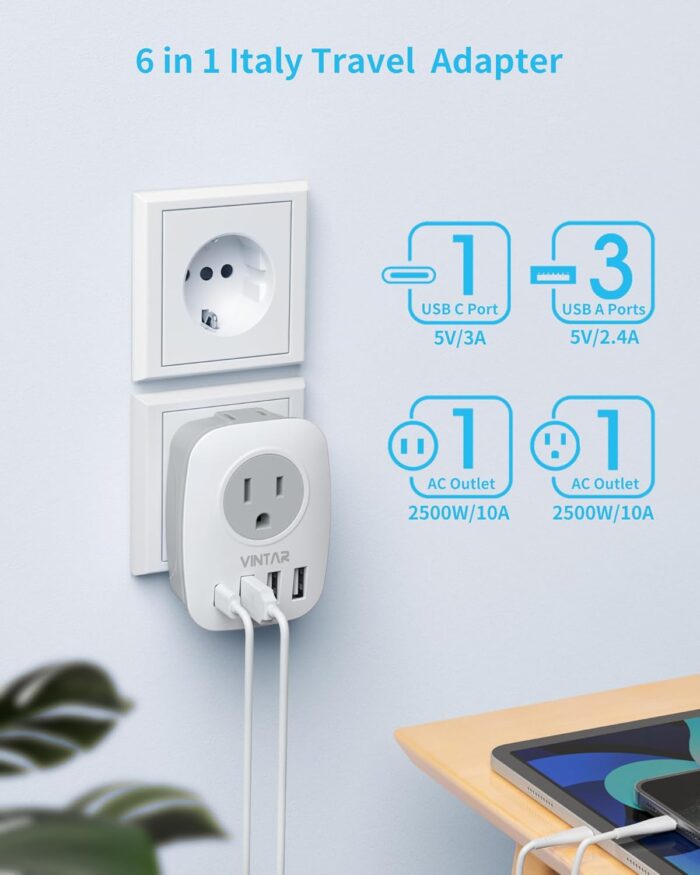 1 Pack Italy Travel Plug Adapter, VINTAR Grounded Power Adapter with 1 USB C, 2 American Outlets and 3 USB Ports, 6 in 1 International Power Adapter for Canada to Italy Uruguay Chile (Type L) - Image 4