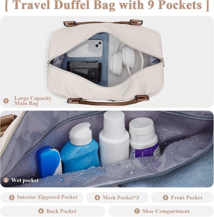 BJLFS Weekender Bag for Women Travel Duffel Bag with Shoes Compartment Lightweight Carry on Luggage Bag for Airplanes Overnight Duffle Bag Waterproof Beach Bag Sports Gym Tote Beige Brown - Image 6