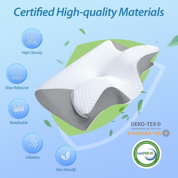 HOMCA Memory Foam Pillow, 2 in 1 Cervical Pillow for Neck Pain Relief, Ergonomic Neck Support Pillows for Side Back Stomach Sleepers with Breathable Pillowcase (Gray) - Image 5