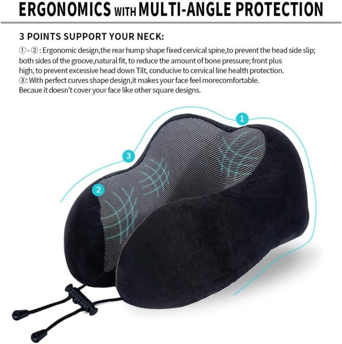 Travel Pillow, Best Memory Foam Neck Pillow Head Support Soft Pillow for Sleeping Rest, Airplane Car & Home Use (Black) - Image 7
