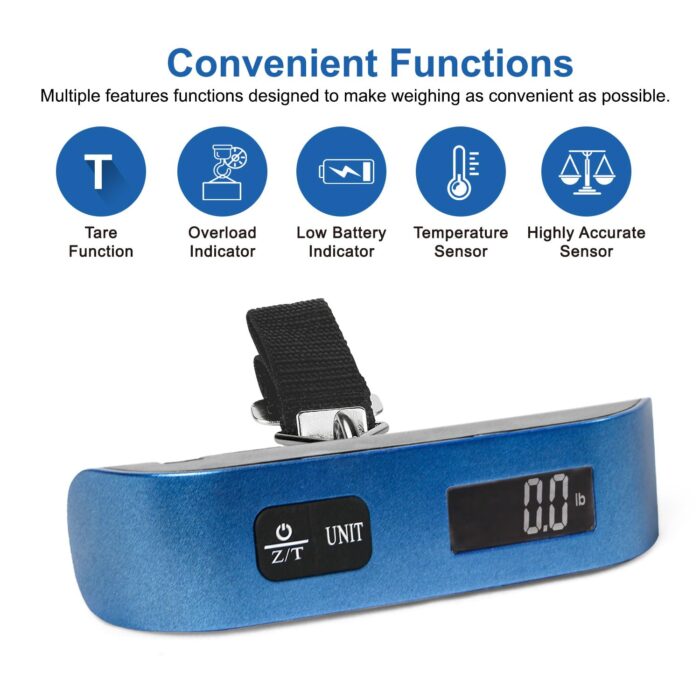 travel inspira Luggage Scale, Portable Digital Hanging Baggage Scale for Travel, Suitcase Weight Scale with Rubber Paint, 110 Pounds, Battery Included - Blue - Image 3
