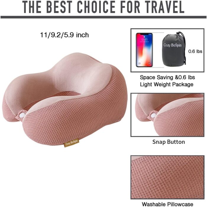 Cozy BoSpin Travel Pillow - Neck Pillow for Traveling, Memory Foam Portable Support Pillow,Comfortable and Lightweight Quick Pack for Camping,Sleeping Rest Cushio (Pink) - Image 4