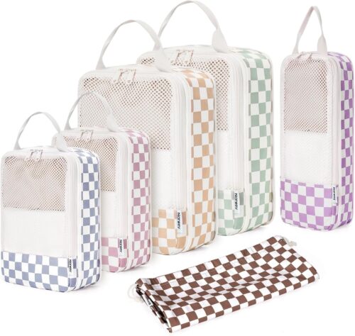 Narwey 6 Set Compression Packing Cubes Travel Organizer, Packing Cubes Compressible for Carry on Luggage Suitcase Backpack, Travel Essentials Accessories Cubes with Laundry Bag (Combined Checkered)