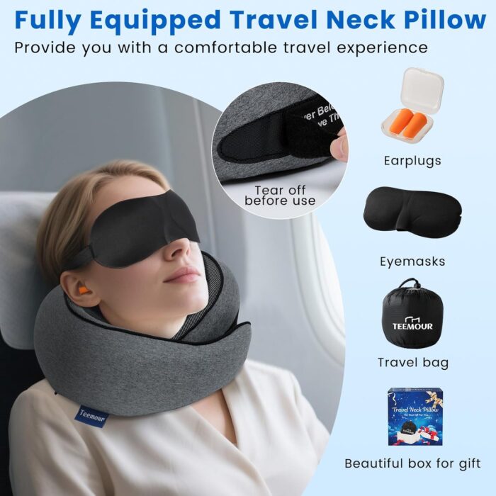 Travel Neck Pillow for Airplanes, Memory Foam Travel Pillow with Adjustable Velcro, Complete Set Includes 3D Eye Mask, Ear Plugs & Luxury Bag - Portable Gift for Travel Essentials Large（Grey） - Image 2