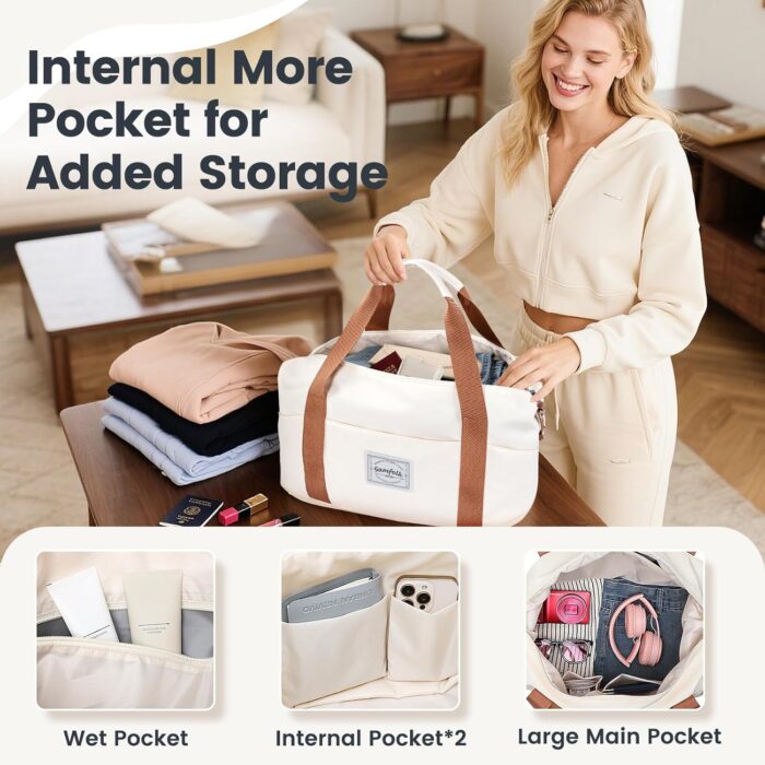 Travel Duffel Bag, Carry on Luggage Bag for Airplanes, Sports Gym Tote Bag for Women, Lightweight Weekender Overnight Shoulder Bag Waterproof Beach Hospital Bag (Beige) - Image 5