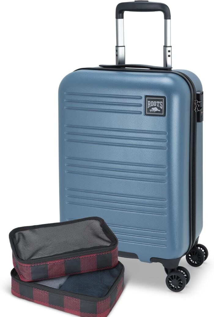 ROOTS Chalet Collection Hardside Carry-On Luggage – Lightweight Suitcase with 8 Spinner Wheels and Integrated TSA Lock, Retractable Push-Button Handle – Misty Blue, 21-Inch